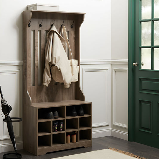 DarkBrown Shoe Storage With Coat Rack 10 Cubbies 5 Hooks
