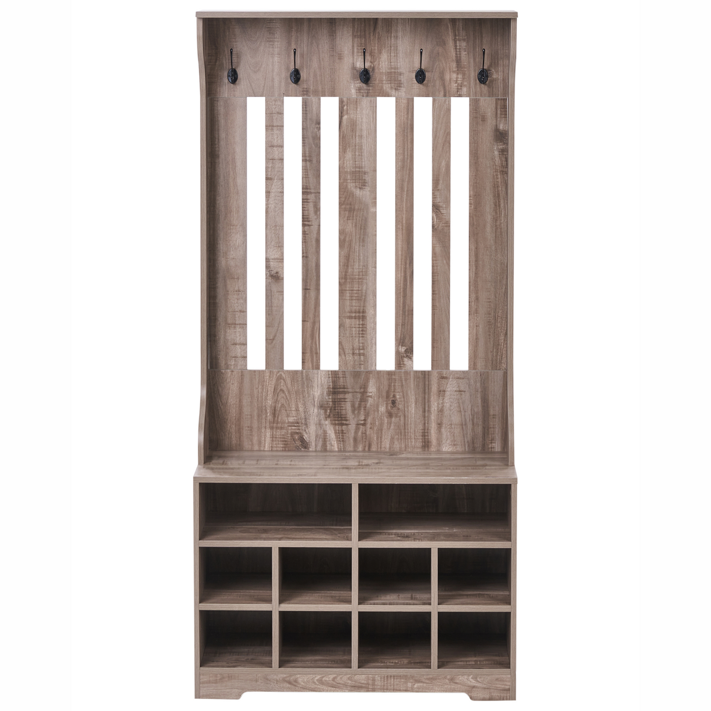 DarkBrown Shoe Storage With Coat Rack 10 Cubbies 5 Hooks