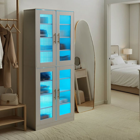 Shoe Cabinet Tall 2 Doors 8 Shelves with LED Stripe