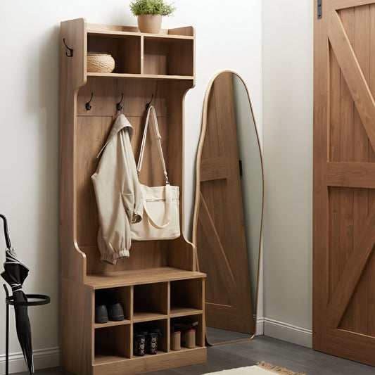 Light Brown Chipboard Shoe Storage With Coat Rack Six Compartments And Four Hooks