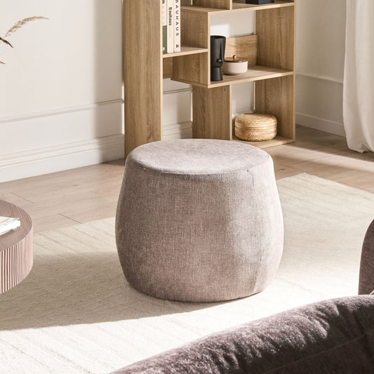 Pouffe Light Brown Taupe Upholstered Round Drum Ottoman