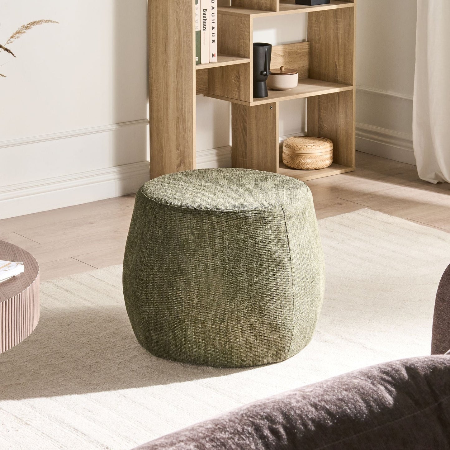 Pouffe Dark Green Fabric Upholstered Ottoman Drum