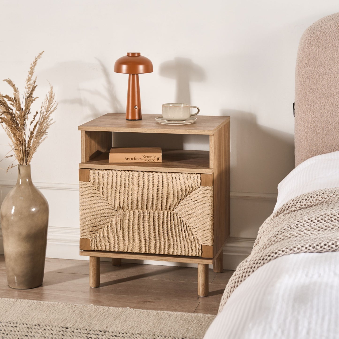 Boho Bedside Table With Paper Rope Detail And Pinewood Legs