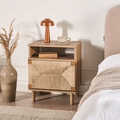 Boho Bedside Table With Paper Rope Detail And Pinewood Legs