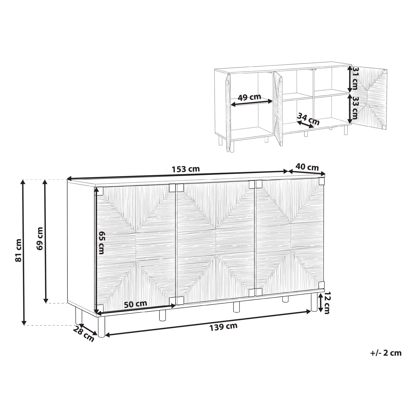 3 Door Sideboard Brown Particle Board 150cm Paper Rope