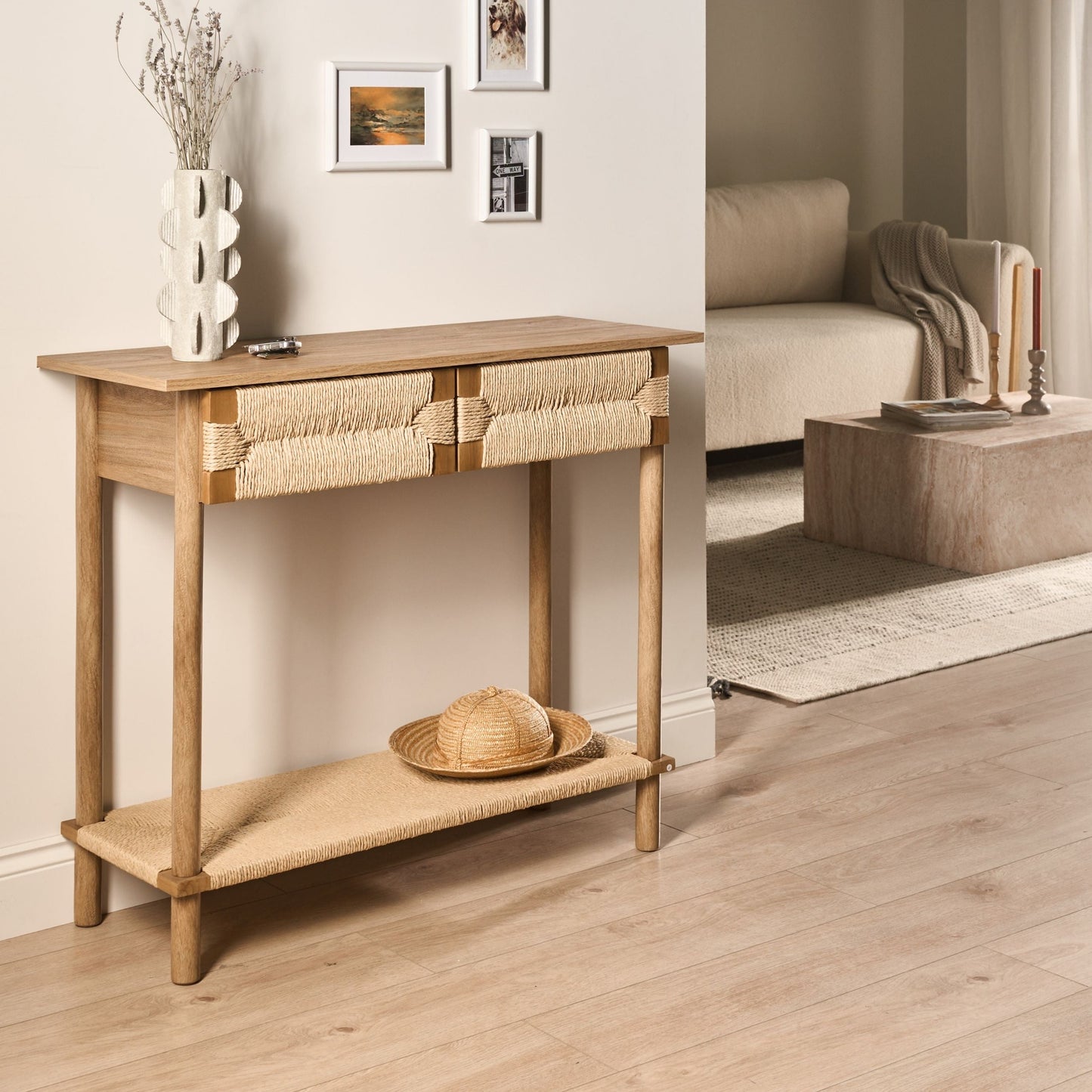 Console Table Two Drawer Light Brown Particle Board With Paper Rope Fronts Modern Boho Living Room