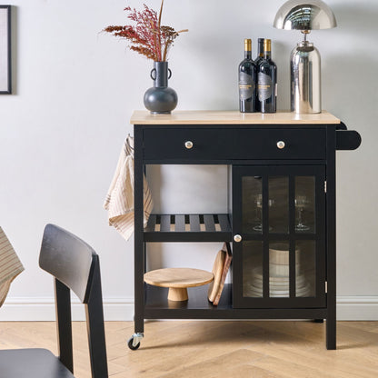 NordicHome Scandinavian Kitchen Trolley Black MDF Pine Wood Castors