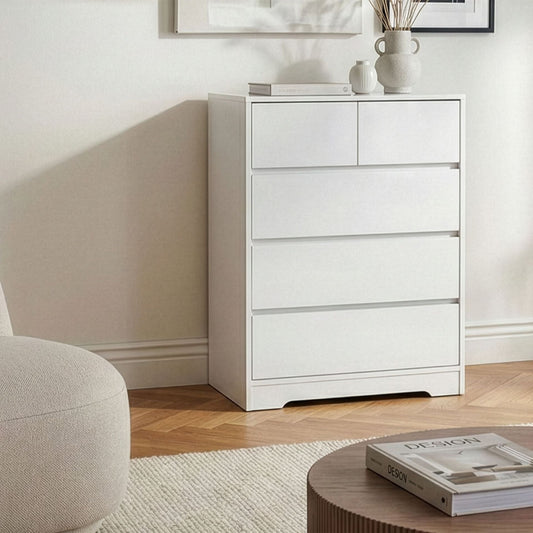 NordicLuxe Sideboard White 5 Drawer Chest MDF Storage Unit Scandinavian Style Modern Living Room Storage Cabinet