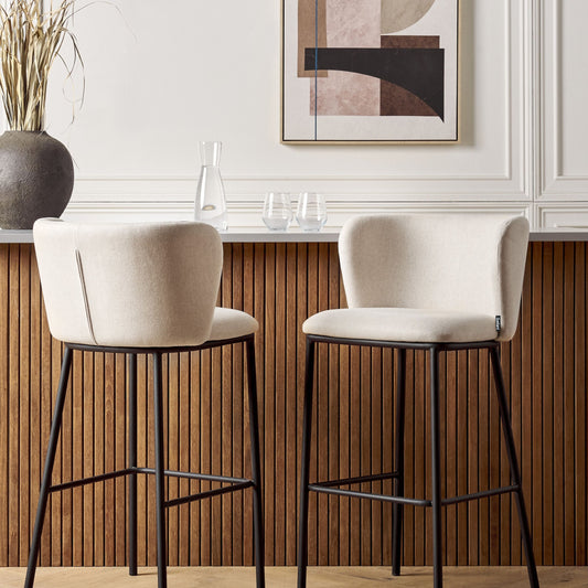 Set Of 2 Bar Chairs Off White Polyester Curved Backrest