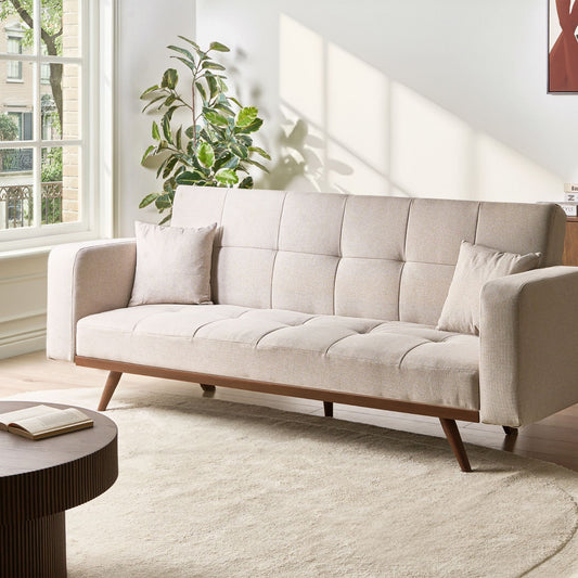 Sofa Bed Light Beige Tufted 3 Seater With Iron Legs