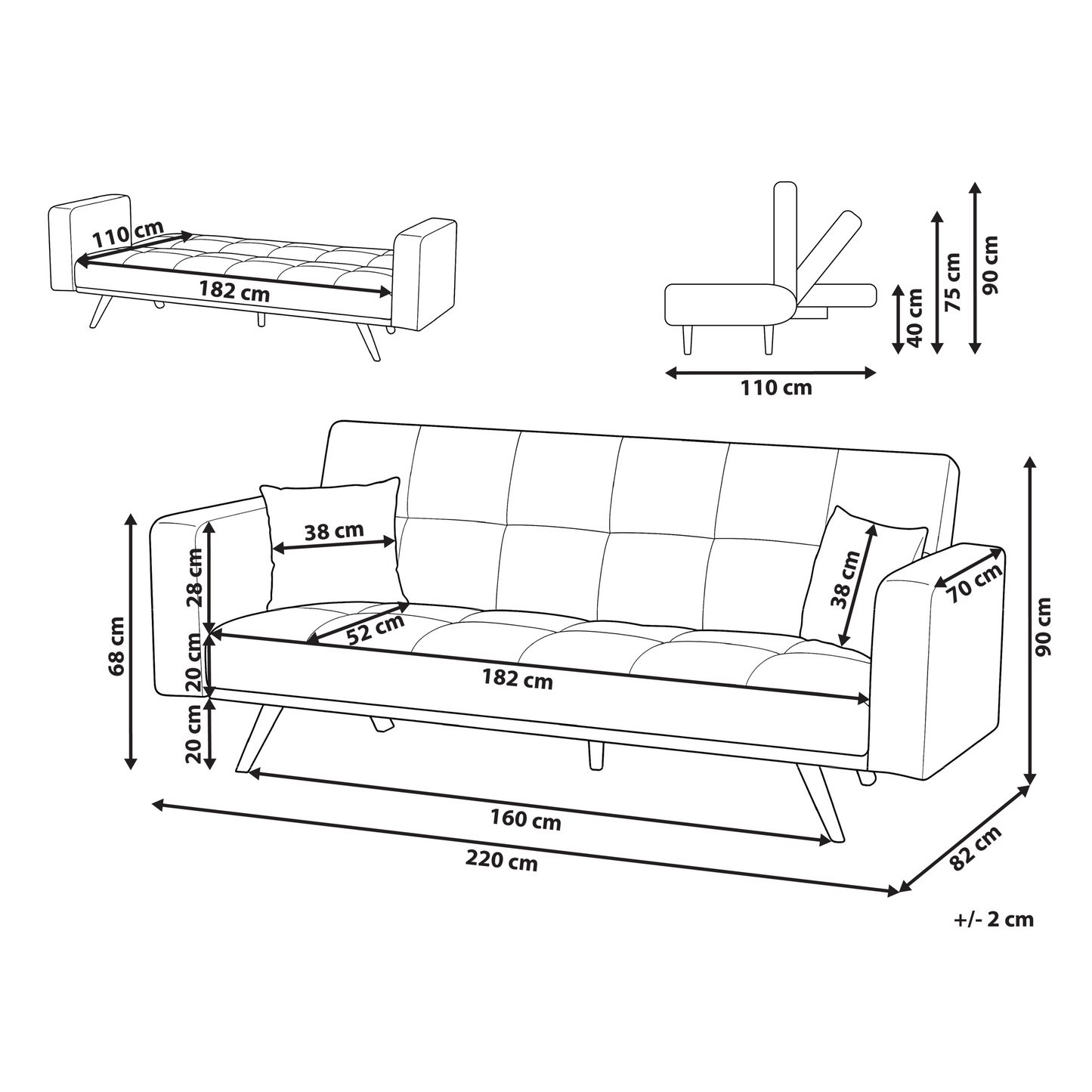 Elegance Home Sofa Bed Black Polyester Tufted 3 Seater Iron Legs