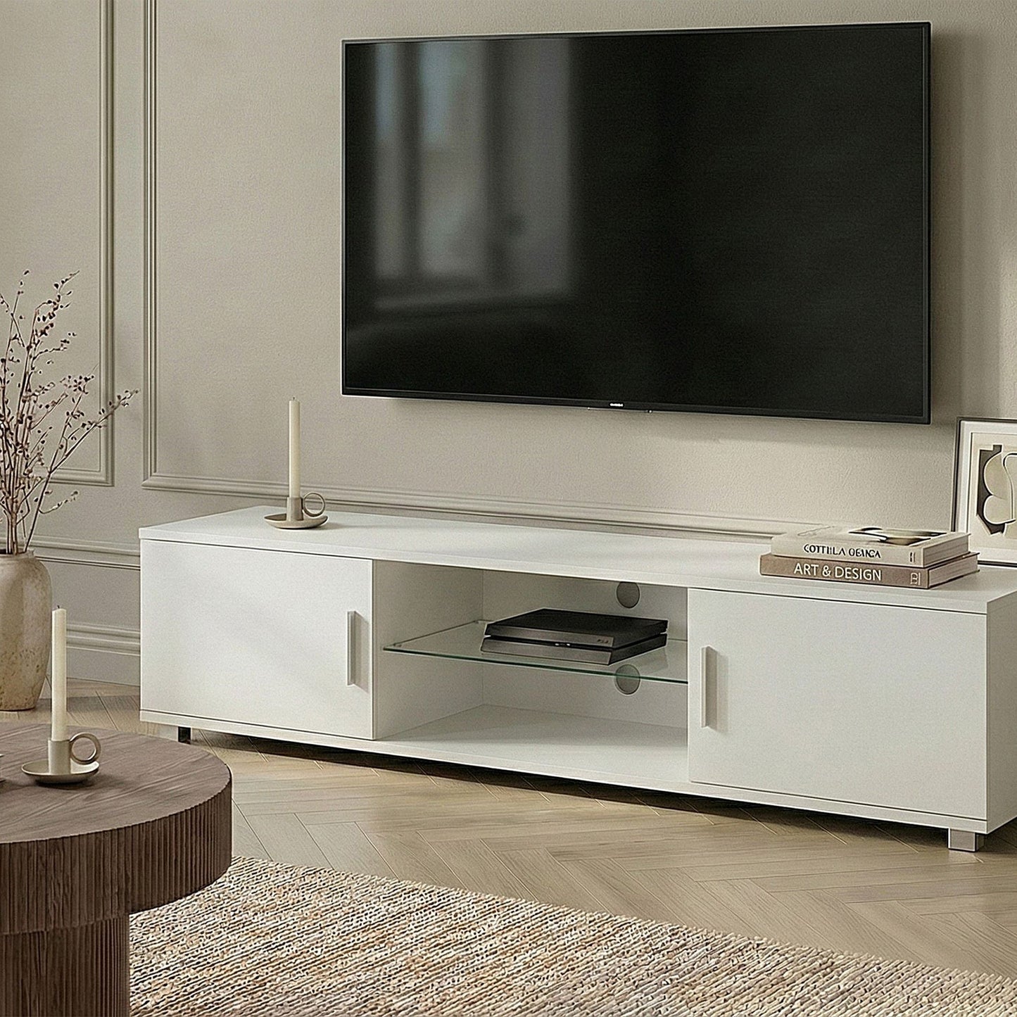 Lumina TV Stand White MDF Cabinet With Metal Legs Cable Management