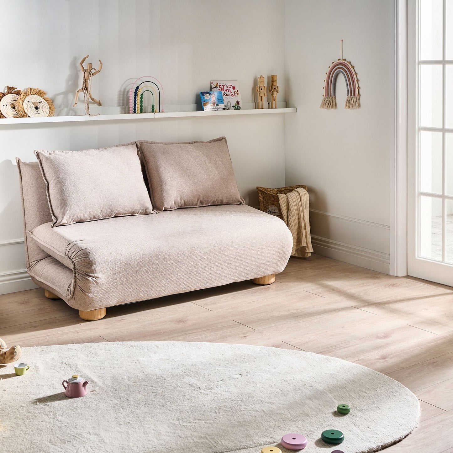 Sofa Bed Beige 2 Seater With Wood Legs Armless Kids Sofa