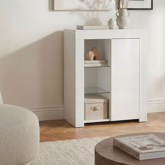 White MDF Sideboard One Door Cabinet With LED Lighting Minimalist