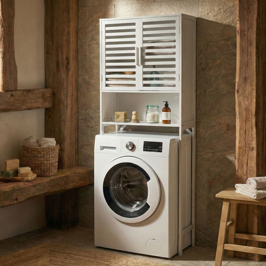 Three Shelf Over The Washer Cabinet In White Bamboo Minimalist Bathroom Storage