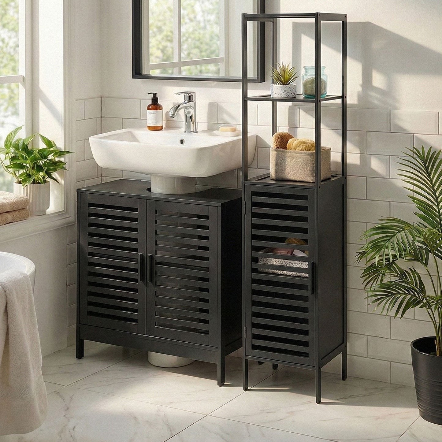 Black Bamboo Bathroom Shelving Unit With Door Two Open Shelves Closed Cabinet Minimalistic