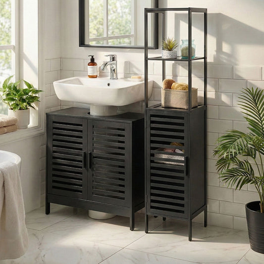 Black Bamboo Bathroom Shelving Unit With Door Two Open Shelves Closed Cabinet Minimalistic