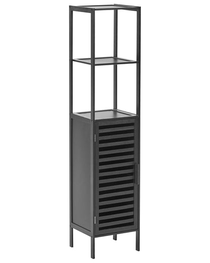 Black Bamboo Bathroom Shelving Unit With Door Two Open Shelves Closed Cabinet Minimalistic