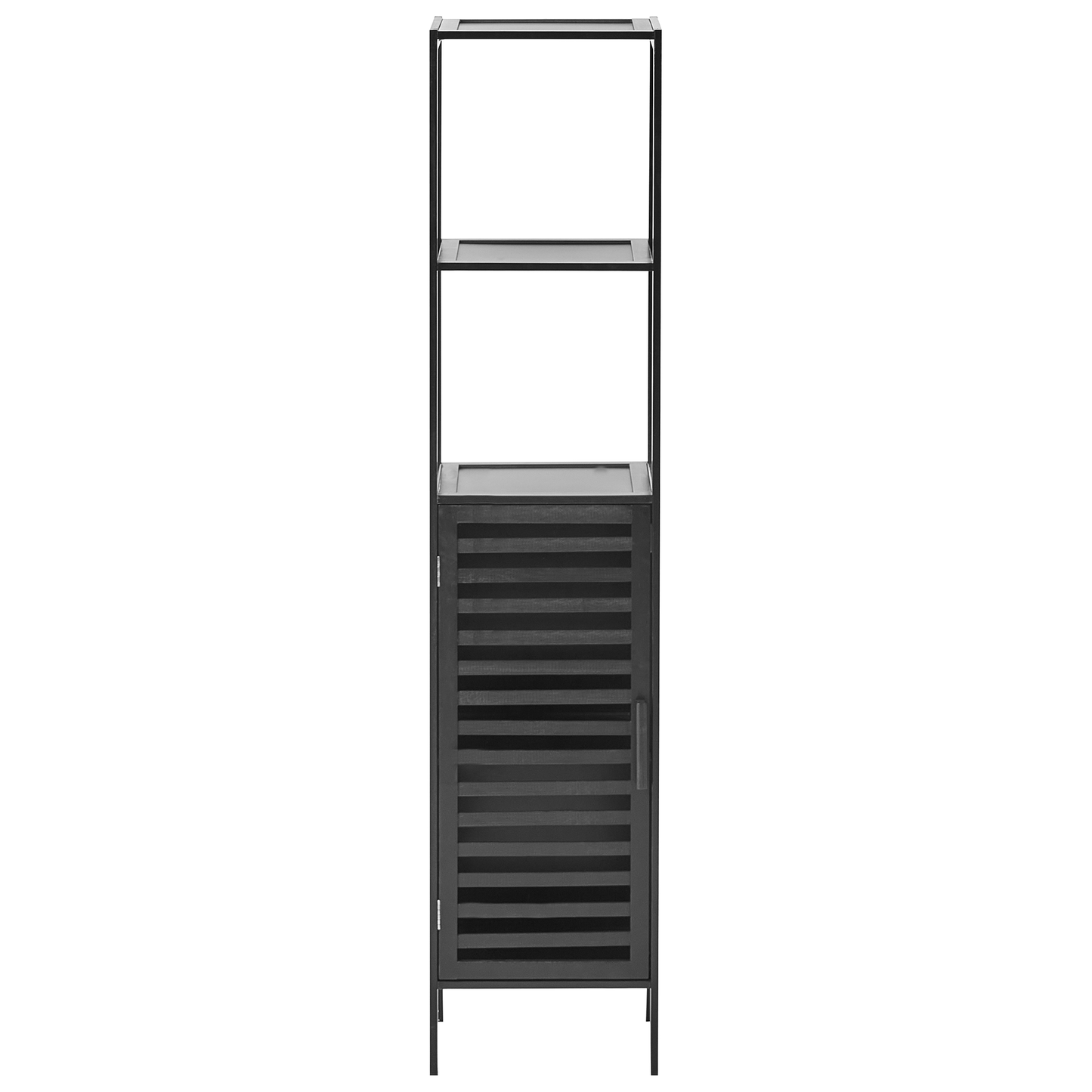 Black Bamboo Bathroom Shelving Unit With Door Two Open Shelves Closed Cabinet Minimalistic