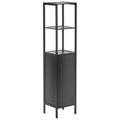 Black Bamboo Bathroom Shelving Unit With Door Two Open Shelves Closed Cabinet Minimalistic