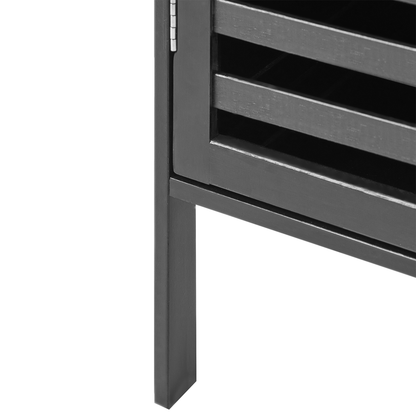 Black Bamboo Bathroom Shelving Unit With Door Two Open Shelves Closed Cabinet Minimalistic