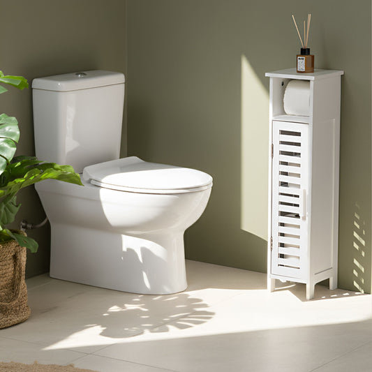 Toilet Paper Cabinet White Bamboo With Shelves And Door