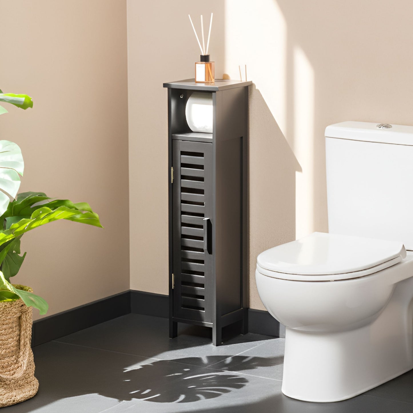 Black Bamboo Toilet Paper Cabinet With Shelves And Door Space Saving Minimalist Design