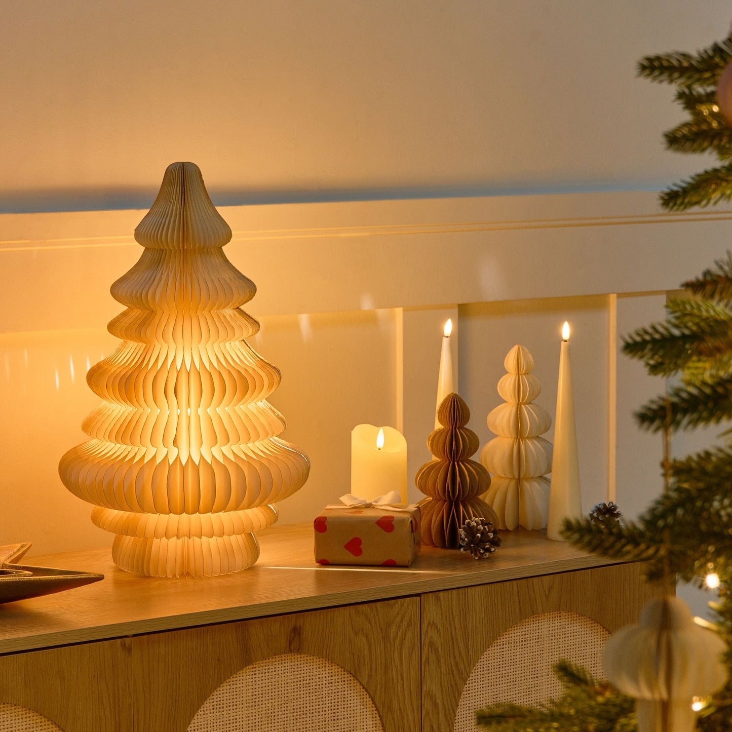 Lumi Origami LED Christmas Tree Figurine Beige Honeycomb Paper