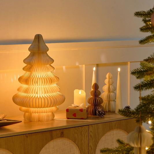 Lumi Origami LED Christmas Tree Figurine Beige Honeycomb Paper
