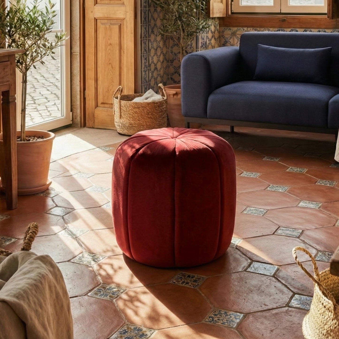 Velvet Pouffe Round Footstool Dark Red