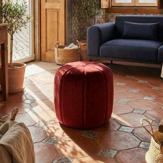 Velvet Pouffe Round Footstool Dark Red