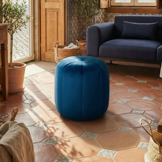 Velvet Pouffe Blue Round Footstool Elegant Accent