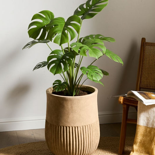 Aura Beige Fibre Clay Painted Flower Pot Planter Round Indoor Outdoor 36 x 36 x 46cm Modern Design
