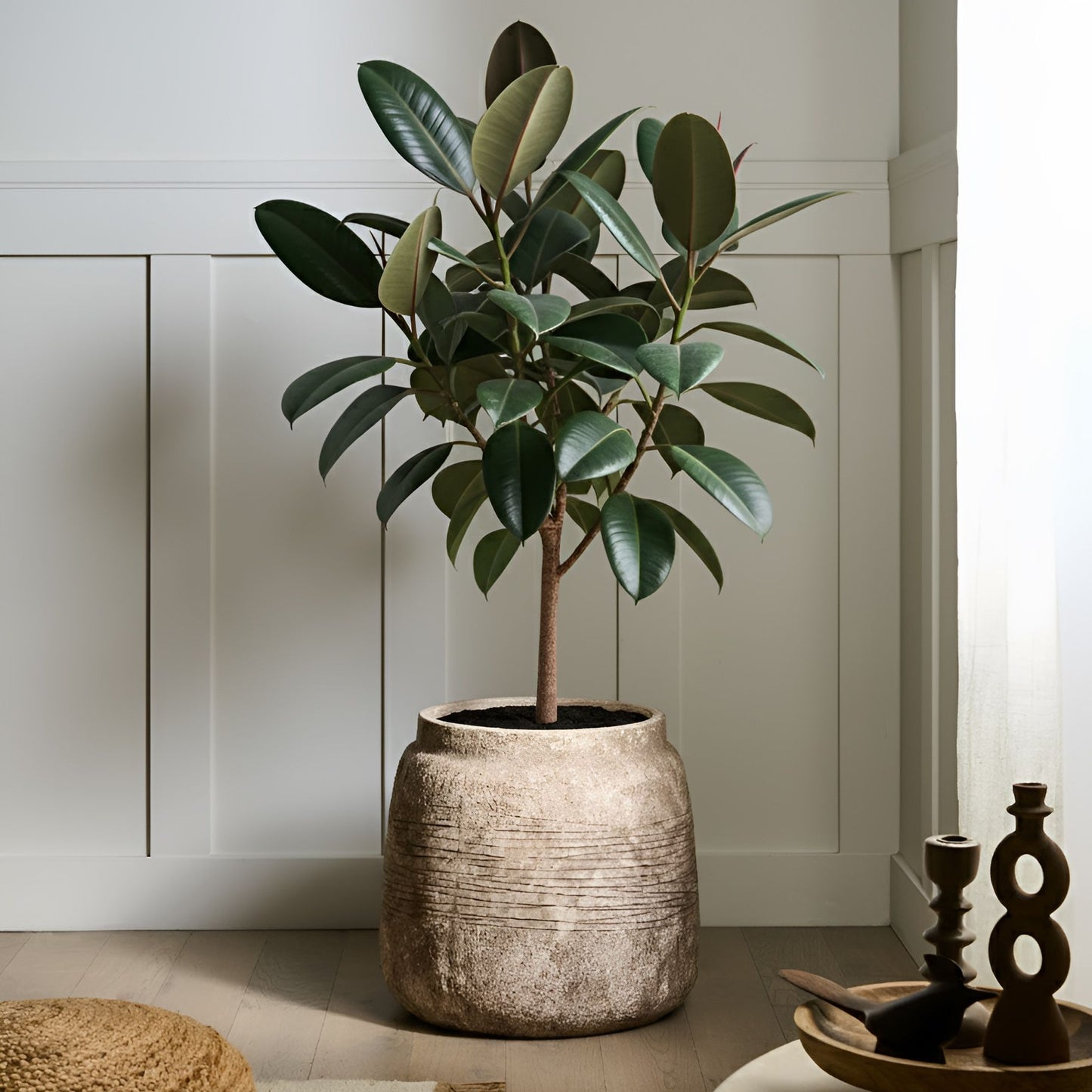 Beige Fibre Clay Flower Pot Planter 44cm Round Indoor Outdoor with Distressed Finish and Pre Drilled Drainage