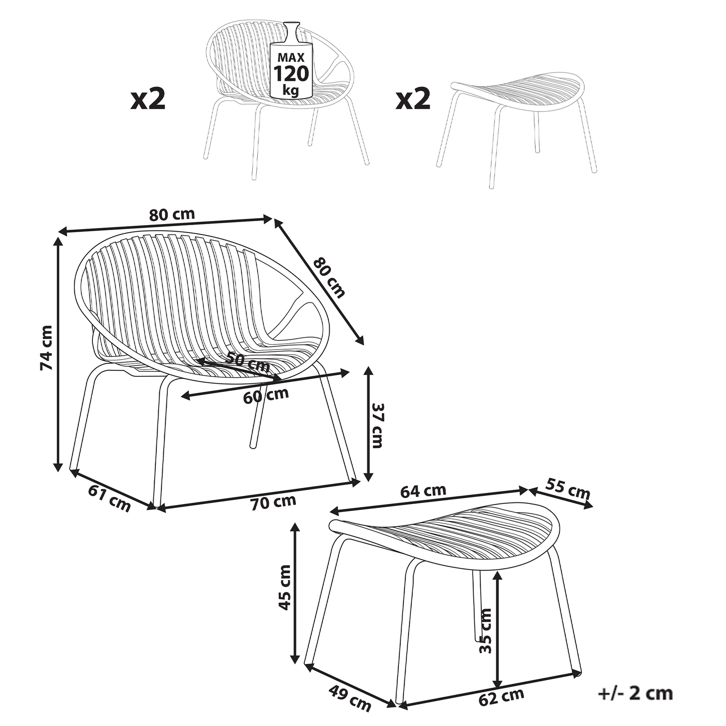 Retro Garden Chairs Set With Footstools UV Resistant