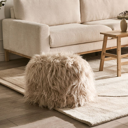 Beige Faux Fur Pouffe 50 x 50 x 30cm With Removable Cover Footstool Modern Boho