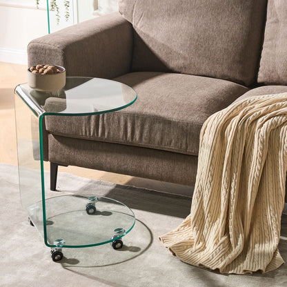 Glass Side Table 57 x 45cm With Wheels Minimalist Living Room