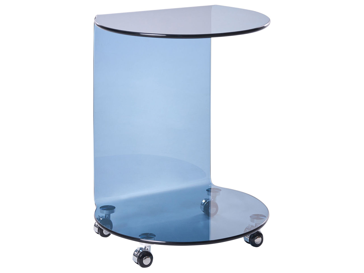 Astra Living Side Table Blue Tempered Glass 57 x 45cm With Wheels For Easy Mobility Minimalist Living Room