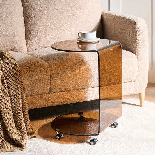Avenue Brown Glass Side Table 57 x 45cm On Wheels Minimalist