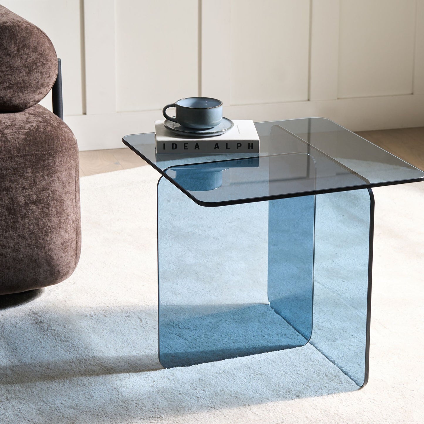 Blue Glass Side Table 46 X 50cm Tempered Glass Minimalist Living Room Decor