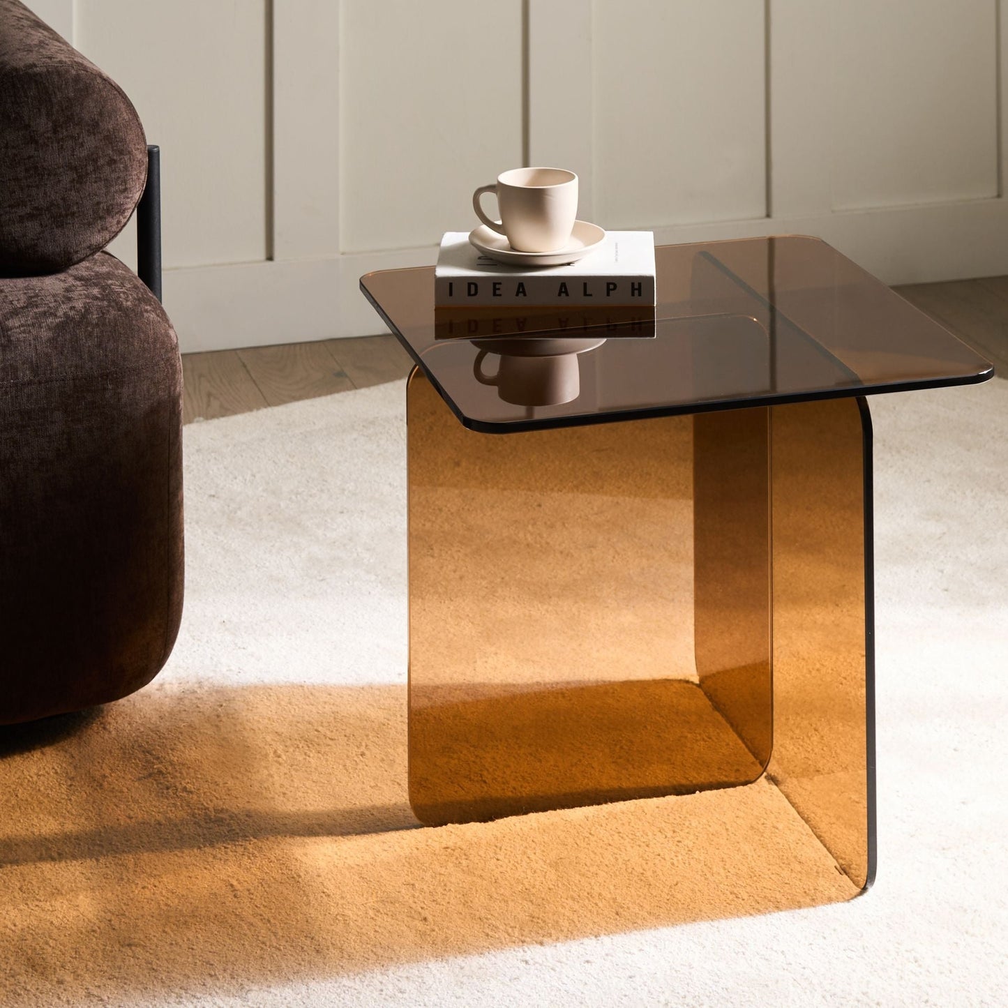 Brown Glass Side Table 46 x 50cm Abstract Minimalist Living Room Accent