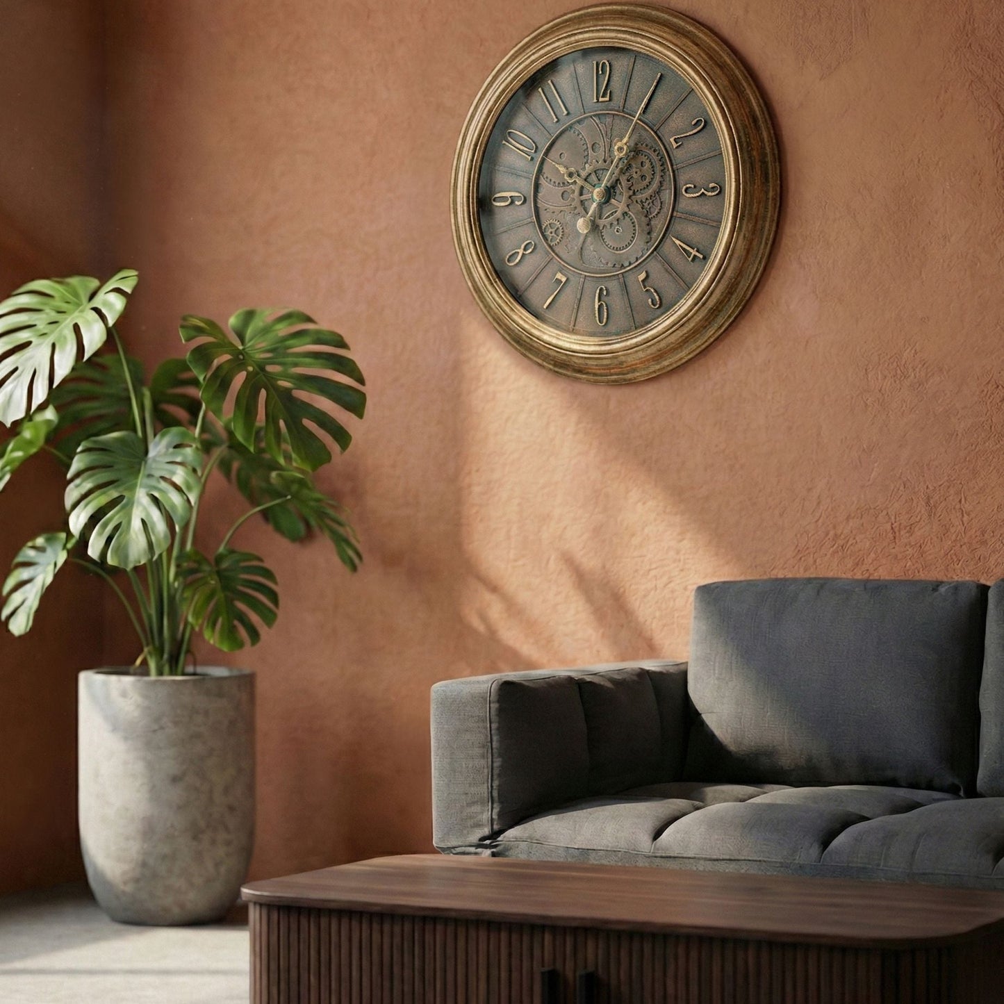 Vintage Wall Clock With Exposed Gears Gold Synthetic Frame 50cm Painted Finish Classic Round Design