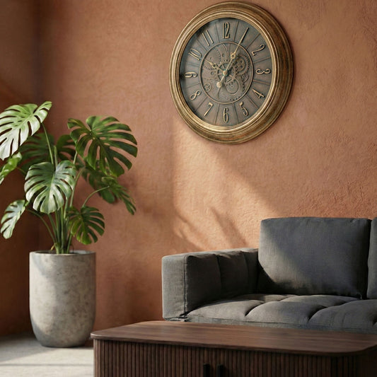 Vintage Wall Clock With Exposed Gears Gold Synthetic Frame 50cm Painted Finish Classic Round Design