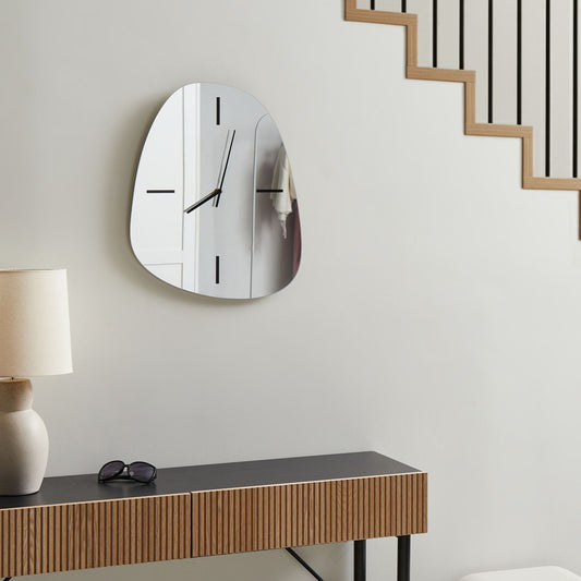 Wall Clock Silver Black Glass 54 x 45cm Mirrored Surface