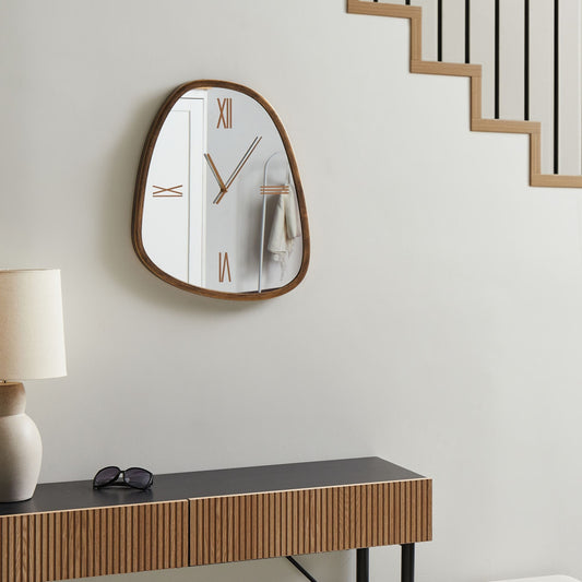 Wall Clock Dark Brown And Silver Glass 53 x 45cm Minimalist Irregular Mirrored Surface