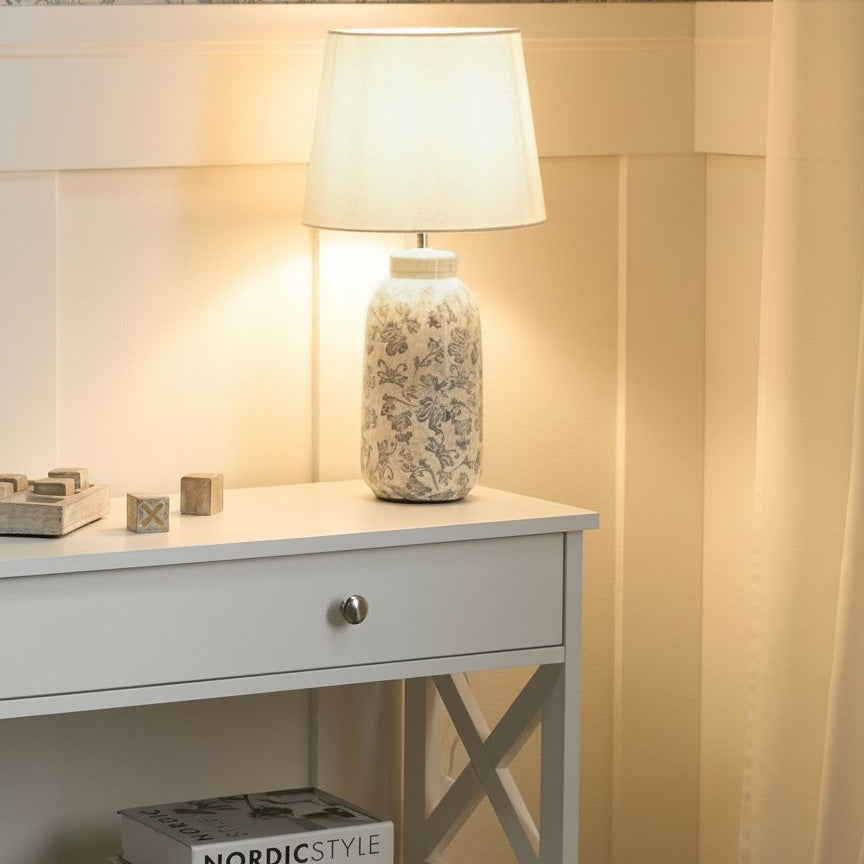 Mediterranean Table Lamp White Blue Ceramic Base Linen Shade