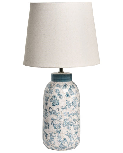 Mediterranean Table Lamp White Blue Ceramic Base Linen Shade