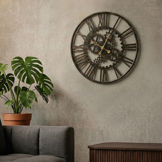 Wall Clock Black Open Gear Modern Roman Numerals