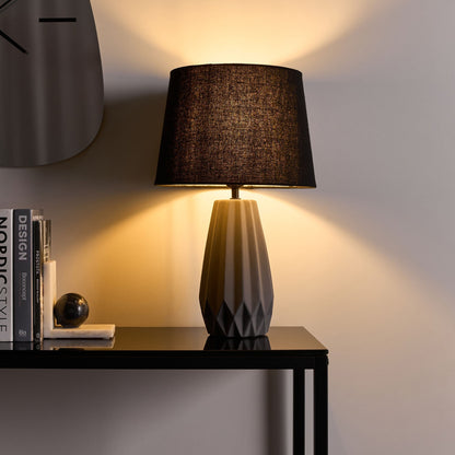 Table Lamp Grey Ceramic Base Linen Drum Shade