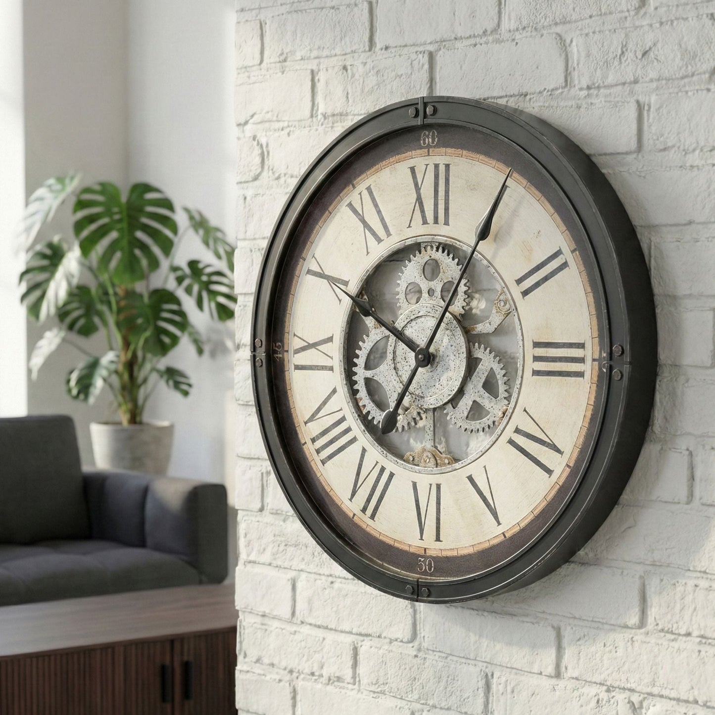 Classic Wall Clock 50cm Black With Exposed Gears